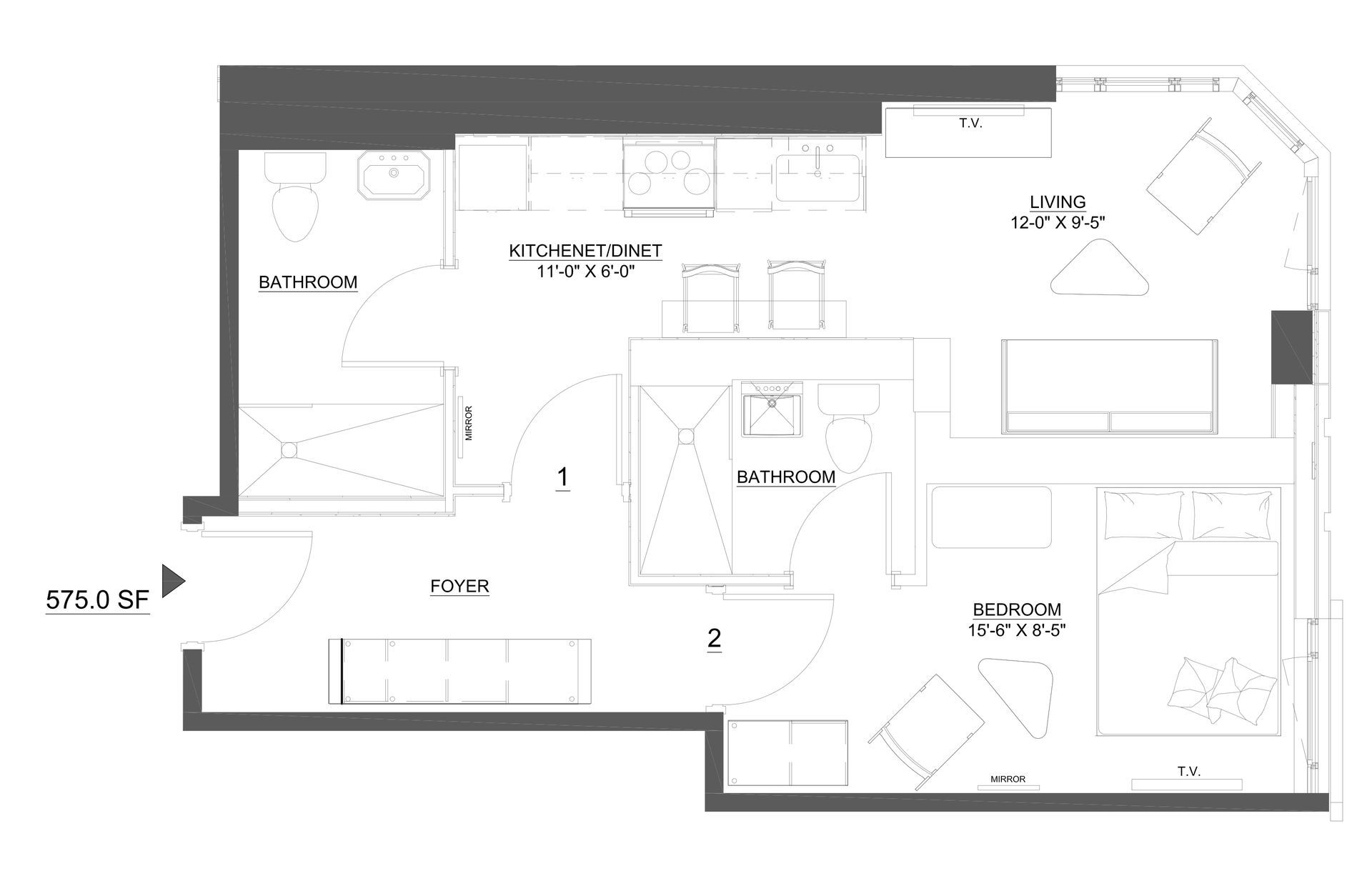 Floor plan of a studio apartment, with living area, kitchen, bathroom, and bedroom.