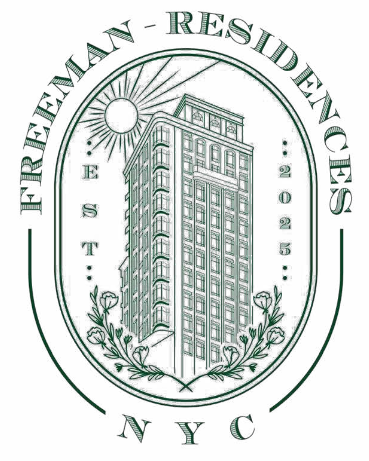 Green and white Freeman Residences logo featuring a building, sun, and floral elements.