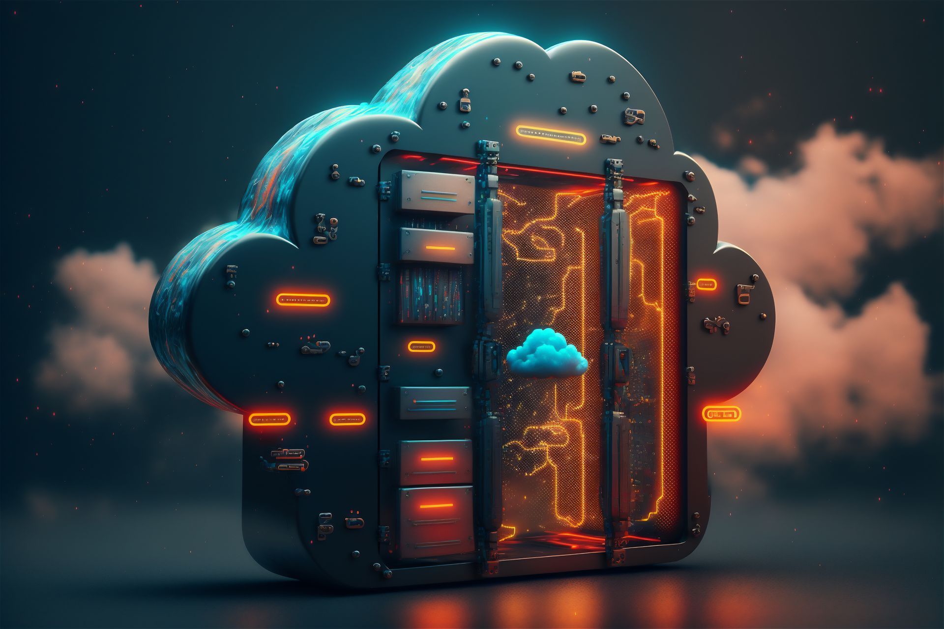 A 3d rendering of a cloud shaped server with a cloud in the middle.