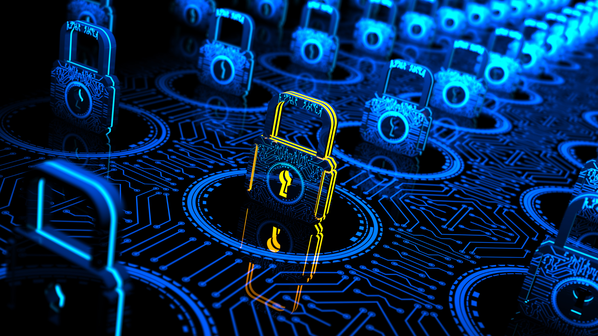 A computer generated image of a padlock on a circuit board.