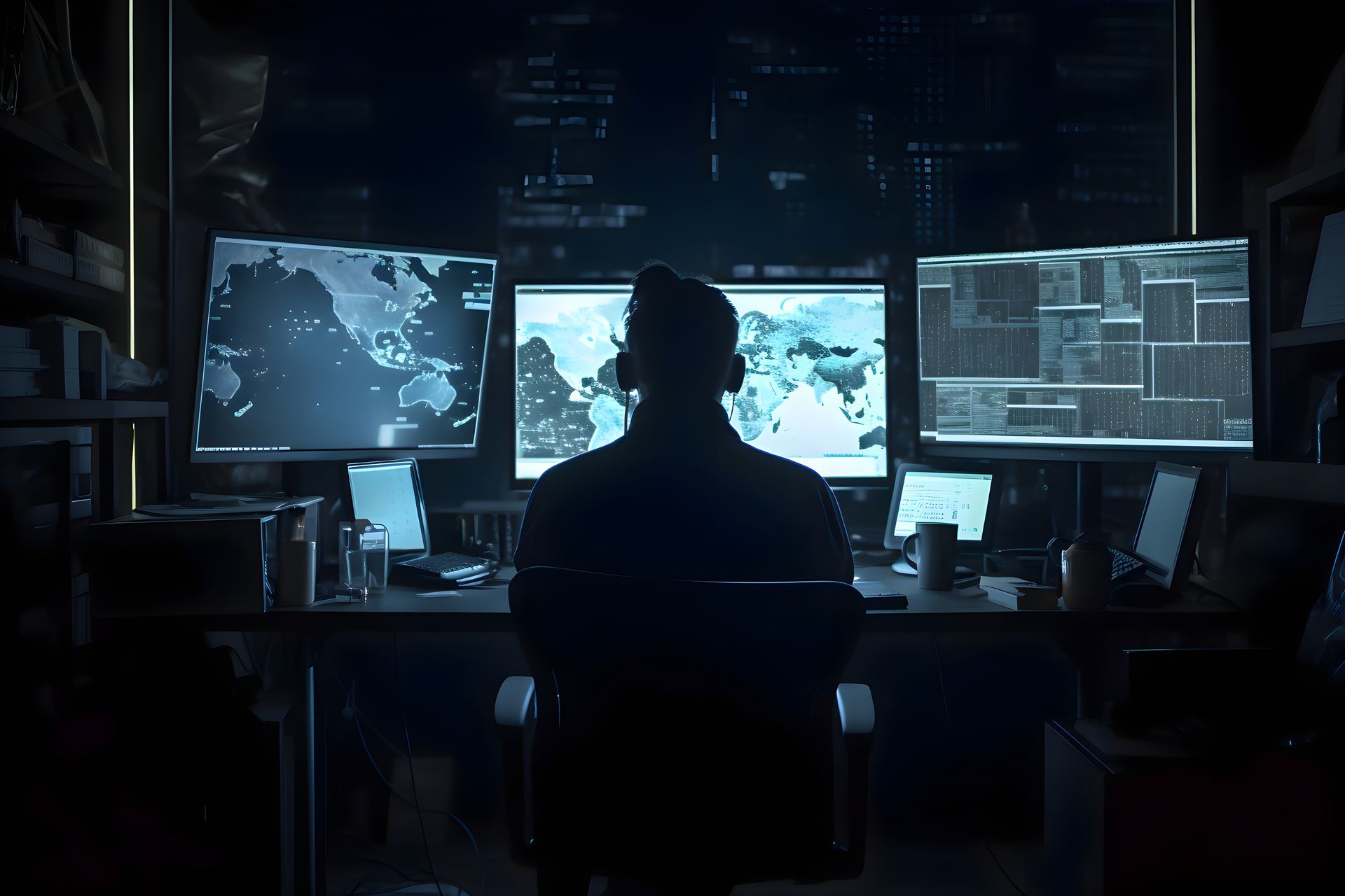 A man is sitting in front of three computer monitors in a dark room.