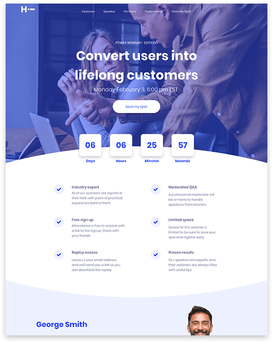 A landing page for a company called convert users into lifelong customers.