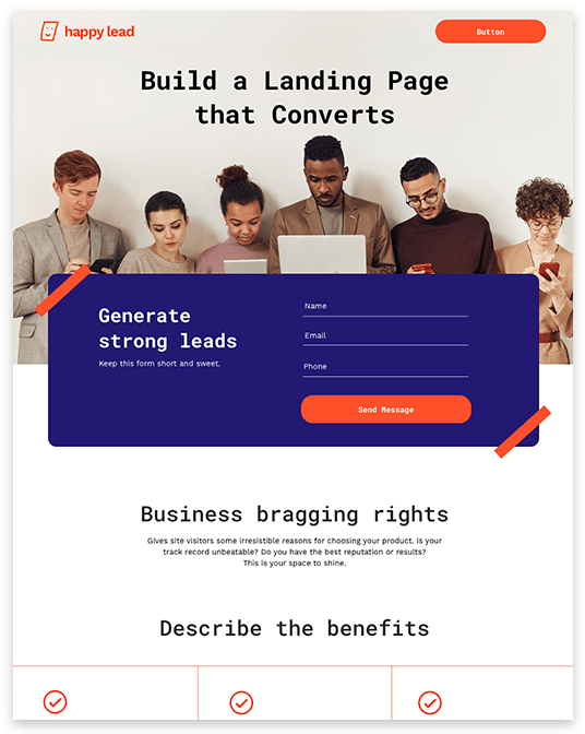 A landing page for a company called happy lead