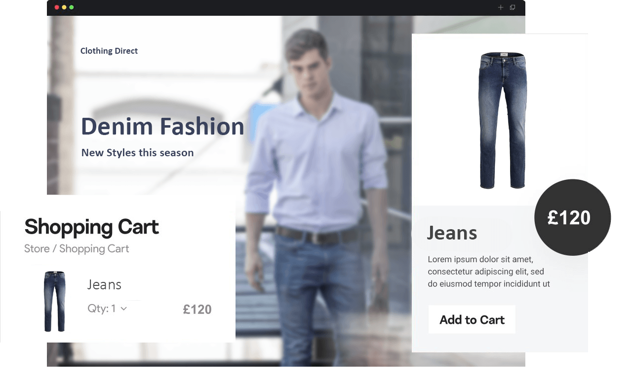 A man is standing in front of a shopping cart for jeans.