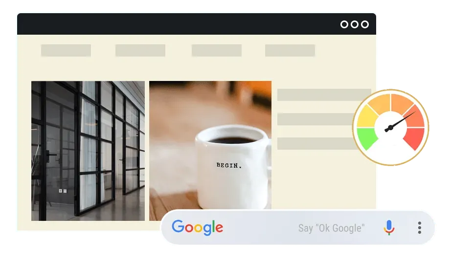 A cup of coffee is sitting on a table next to a google search bar.
