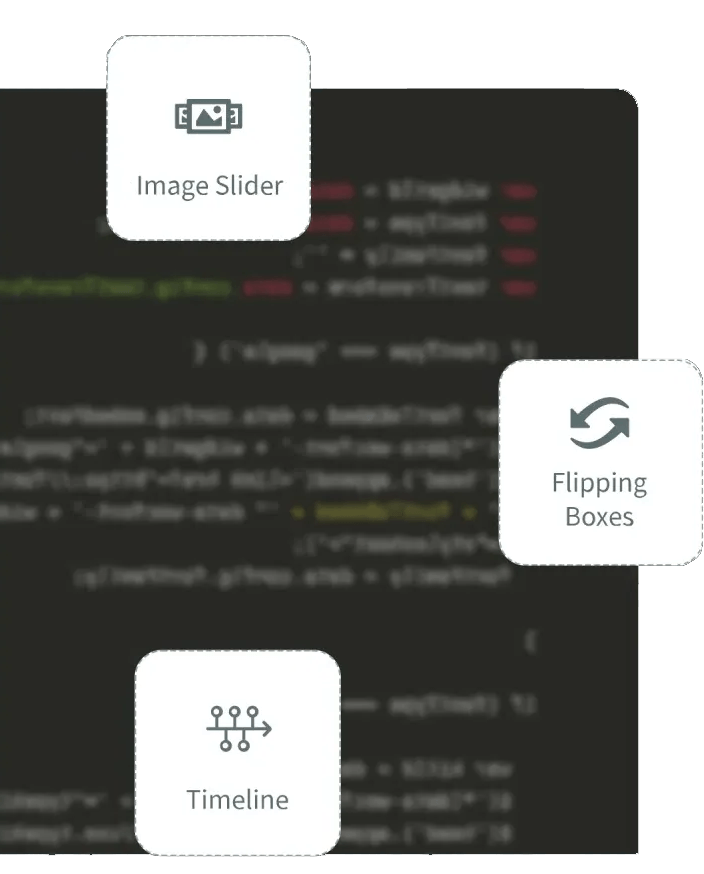 A screenshot of a website with icons for image slider timeline and flipping boxes