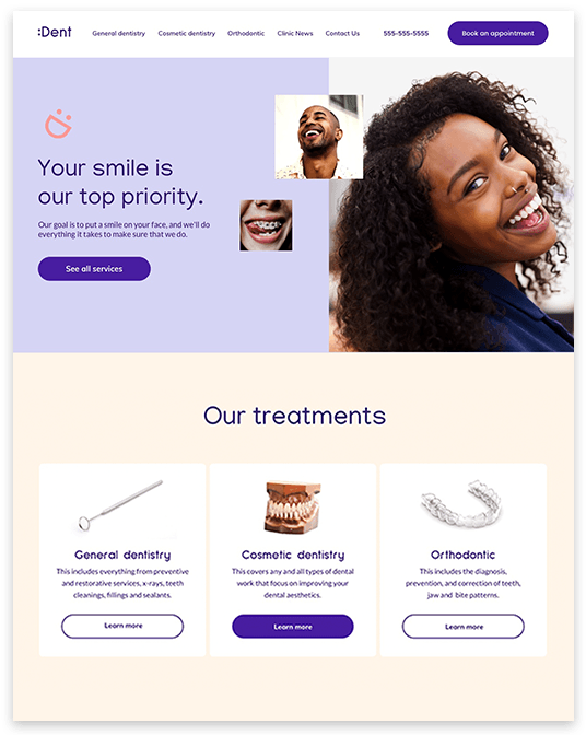 A website for a dental office shows a woman smiling and a man smiling.
