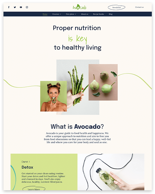 A screenshot of a website that says `` proper nutrition is key to healthy living ''.