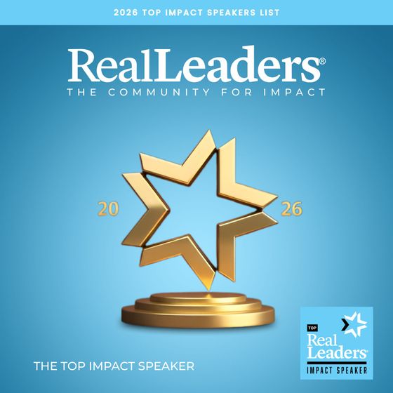 RealLeaders 2026 Top Impact Speaker List graphic with gold star trophy on blue background