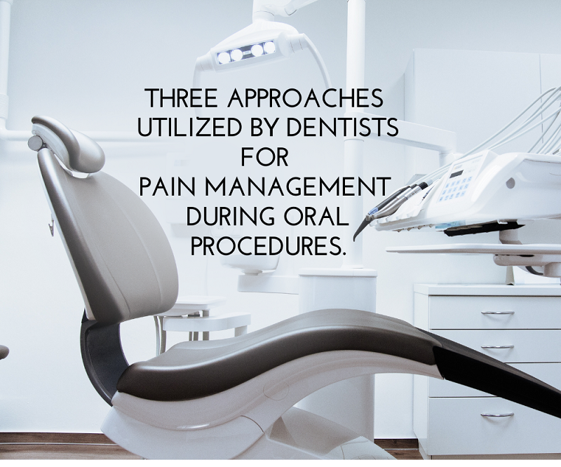 Dental chair in a clinic with text: “Three approaches utilized by dentists for pain management during oral procedures.”