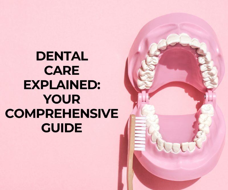 Pink dental model with toothbrush and text: “Dental Care Explained: Your Comprehensive Guide”
