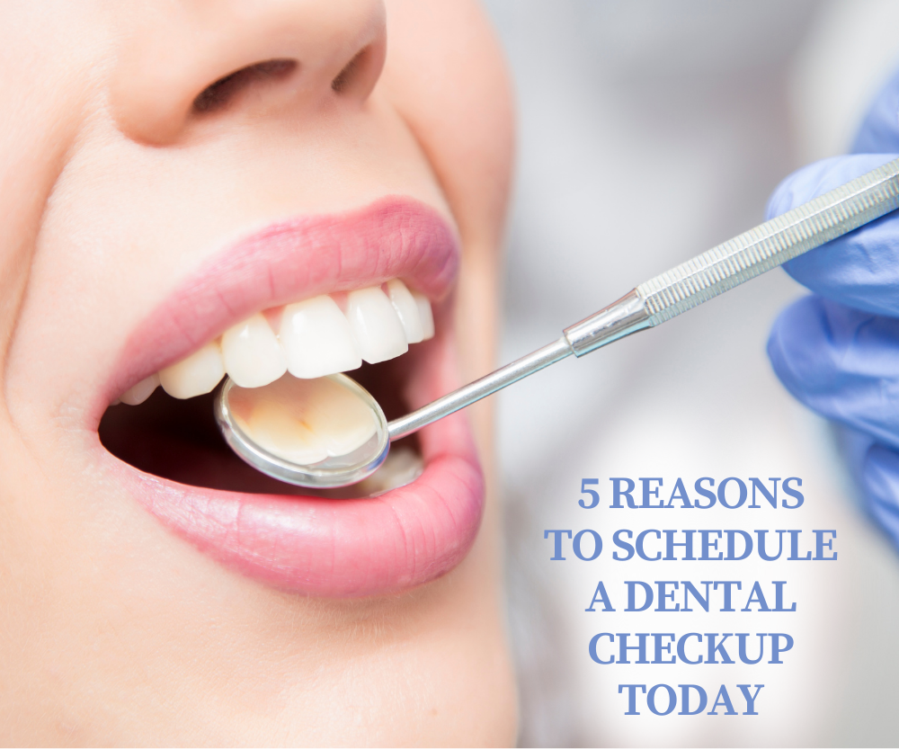 Dental checkup with mirror in open mouth; text reads, “5 reasons to schedule a dental checkup today.”