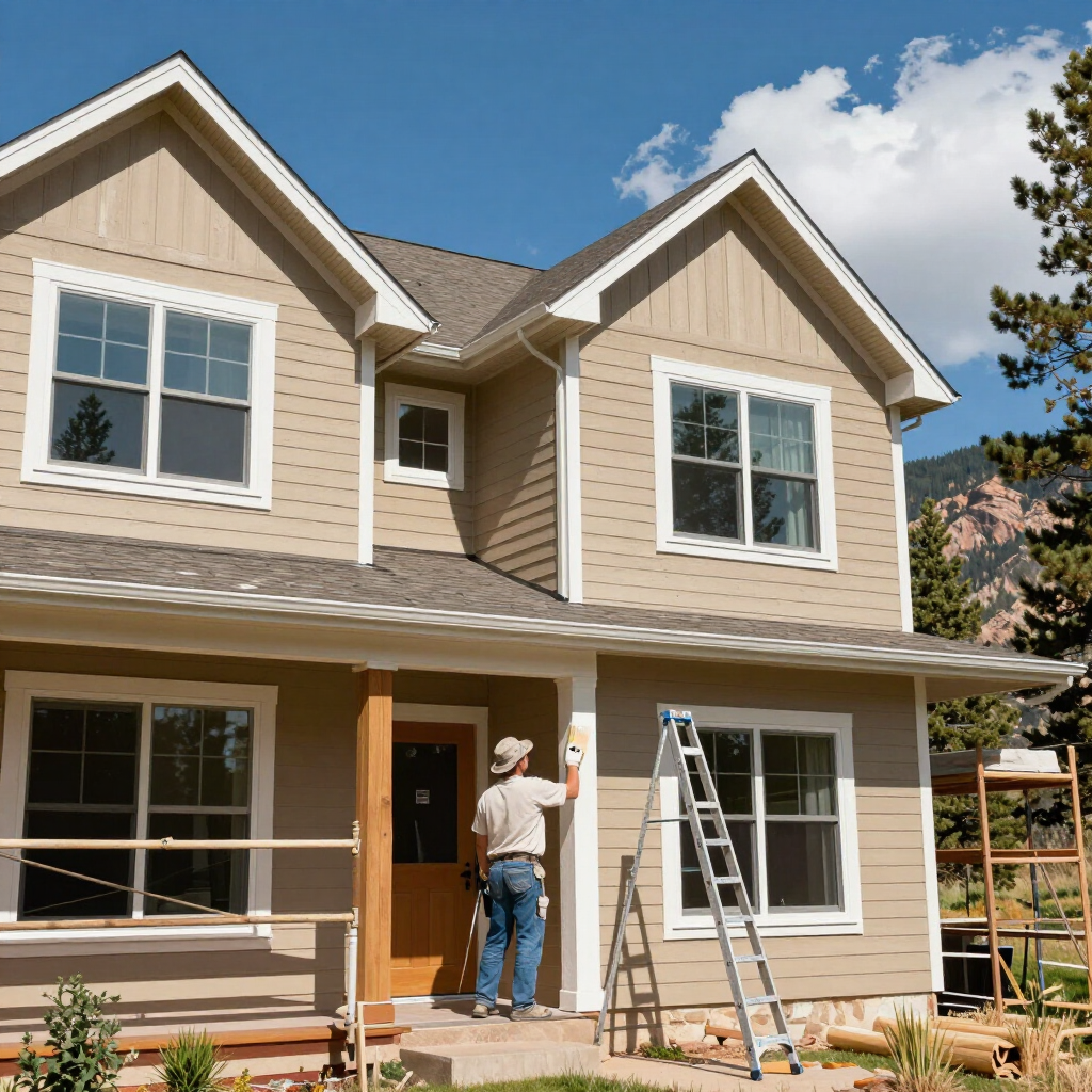 Worker painting the front of a beige two-story house with ladders and scaffolding.