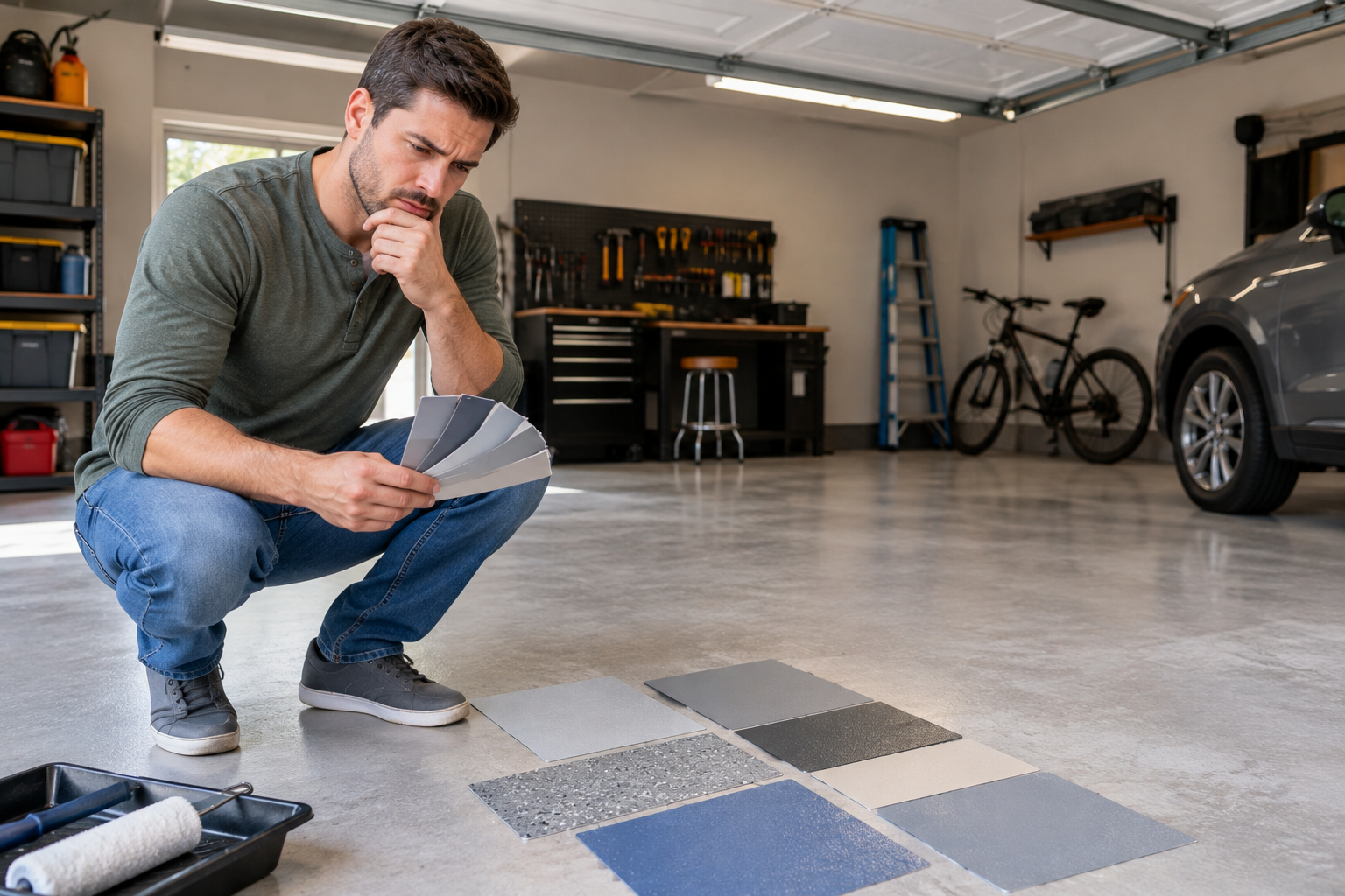 Man crouching in a garage examining sample floor tiles beside a car and bicycle.