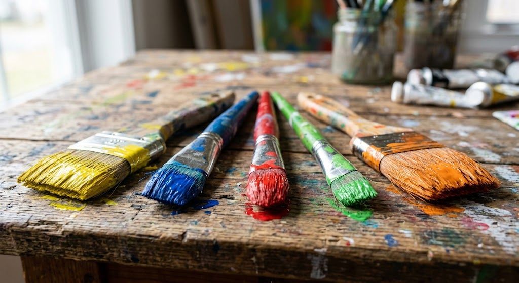 Five paintbrushes with colorful paint on a worn wooden workbench