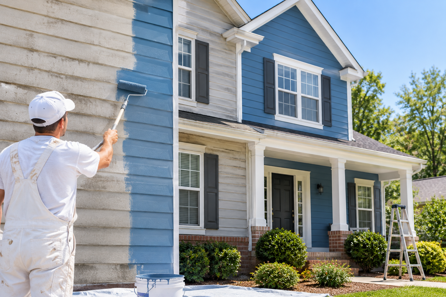 Person pressure-washing the white siding of a blue house with a front porch.