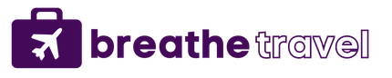 A purple logo for breathe travel with an airplane on it
