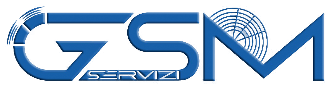 Logo blu “GSM Servizi” con lettere stilizzate e grafica del globo