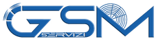 Logo blu “GSM Servizi” con lettere stilizzate e grafica del globo