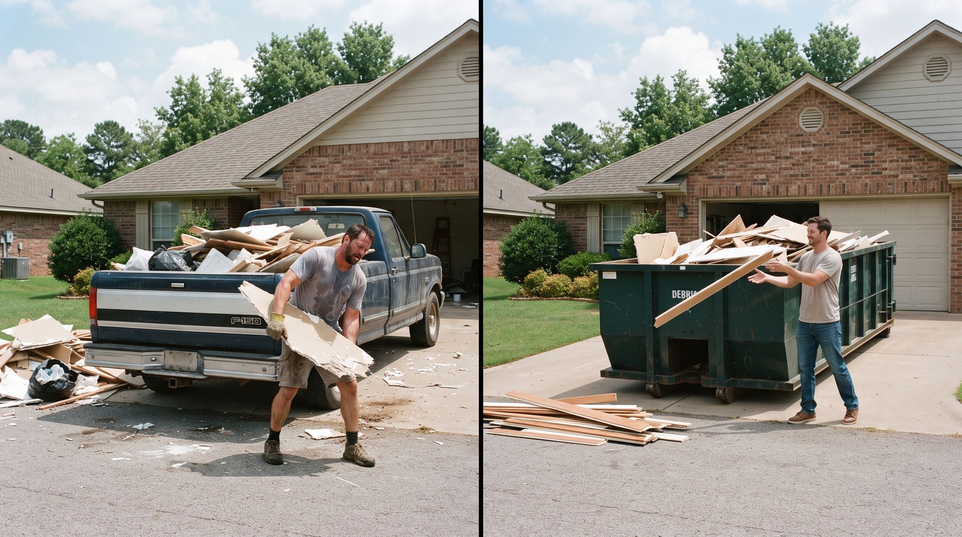 Two men unloading debris into a green dumpster in a suburban driveway, with a pickup truck nearby.