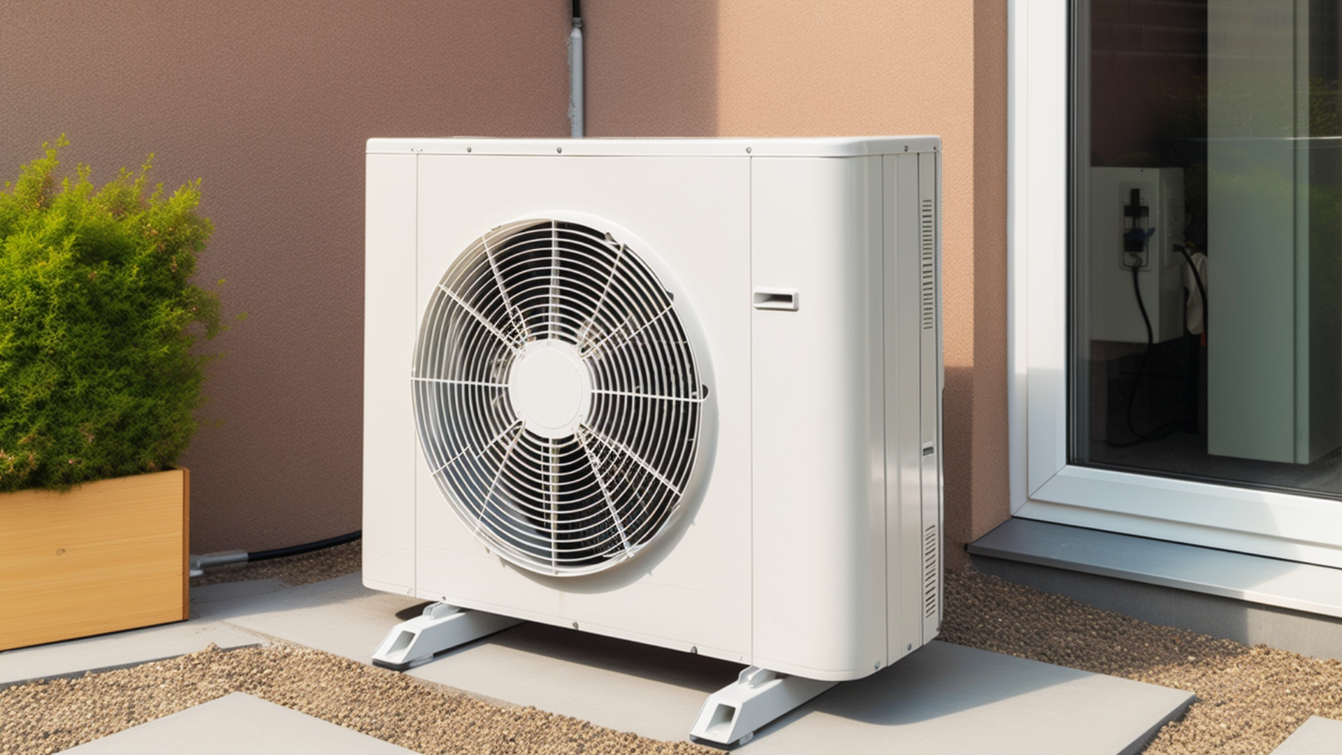 A white air conditioner is sitting outside of a building next to a window.