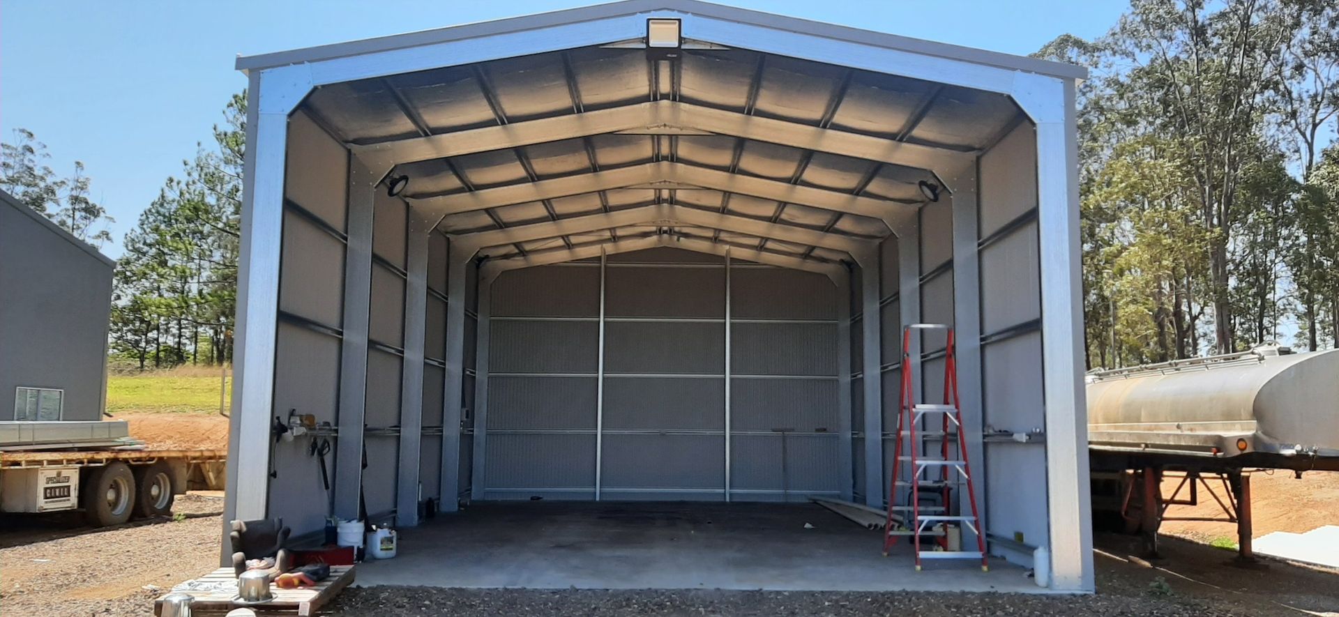 Inside Semi Trailer Garage with Skillion Roof — Shed Kits in Lismore, NSW