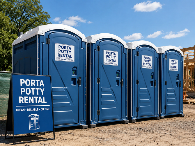 Blue portable toilets with a porta potty rental sign outdoors under a sunny sky