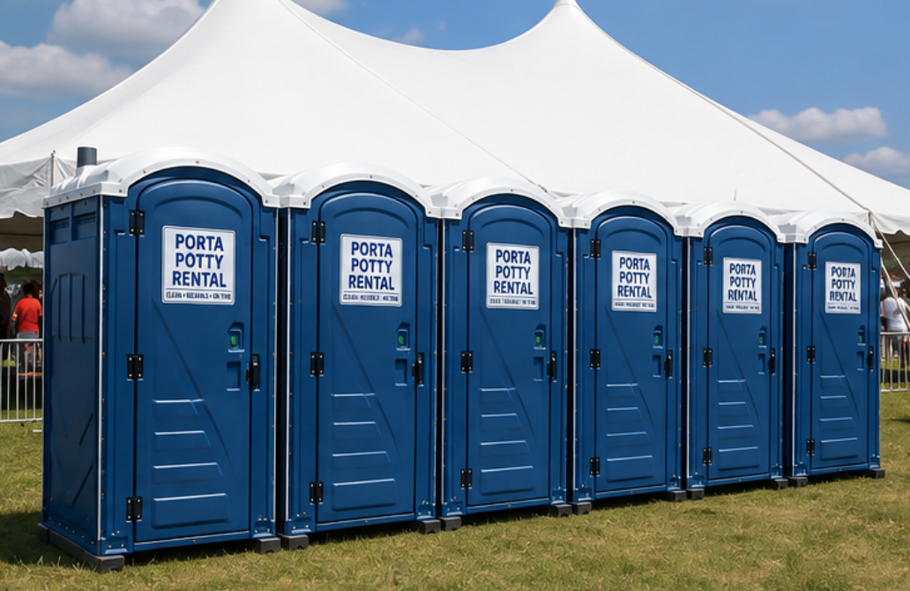 Row of blue portable toilets beside a white tent on grass outdoors