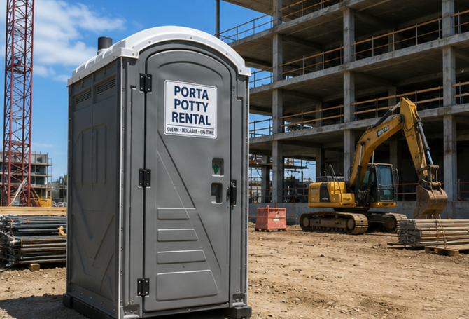 Gray portable toilet at a construction site with an excavator and steel framework in the background
