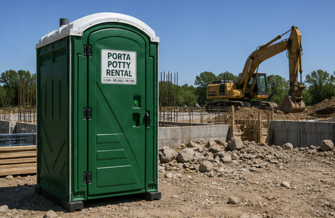 Green porta potty rental unit at a construction site with an excavator in the background