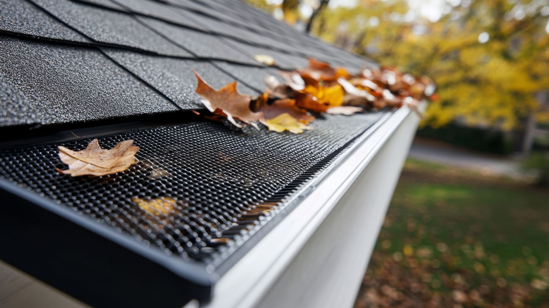 Blue-tiled roof corner with white gutter and downspout on a brick house Blue-tiled roof corner with white gutter and downspout on a brick house