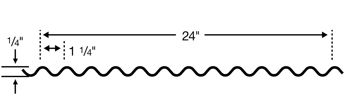 Wavy black line diagram labeled 24' long and 1 1/4