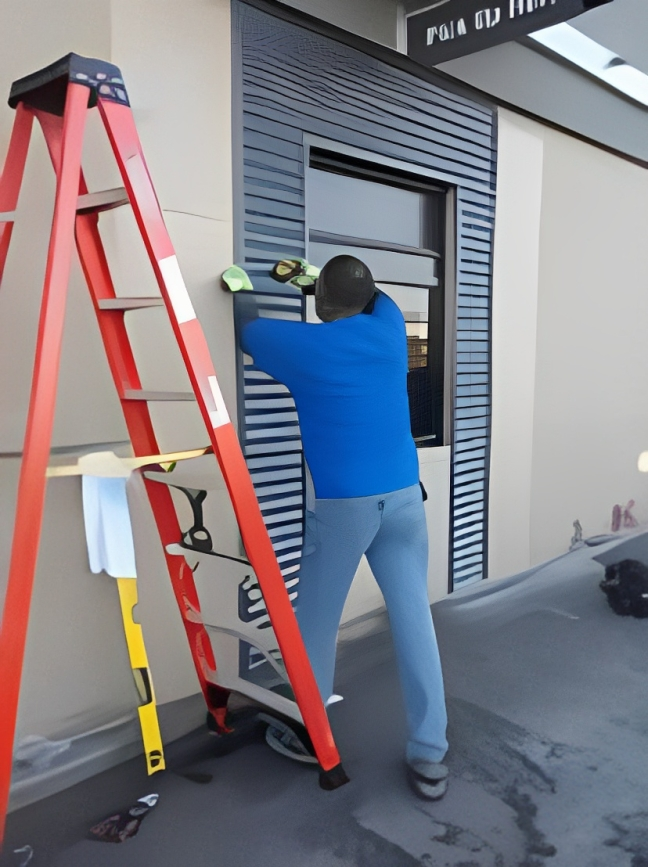 Worker on a red ladder painting a gray storefront wall beside a window.