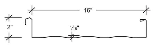 Technical line drawing of a bent metal bracket, labeled 16 inches wide, 2 inches high, and 1/8 inch thick