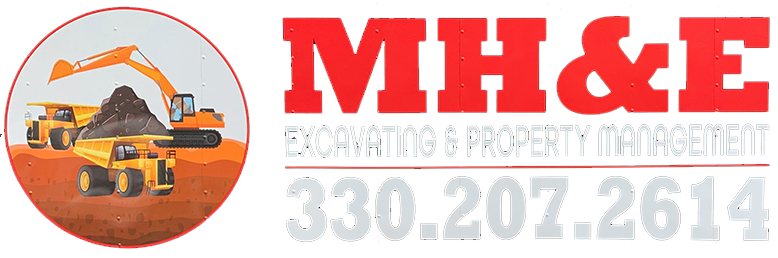 Logo with orange construction vehicles loading dirt and red text "MH&E Excavating & Property Management" with a phone number.