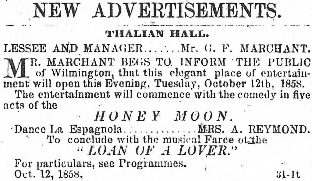 Newspaper ad for Italian opera performance, with “New Advertisements” headline and event details.