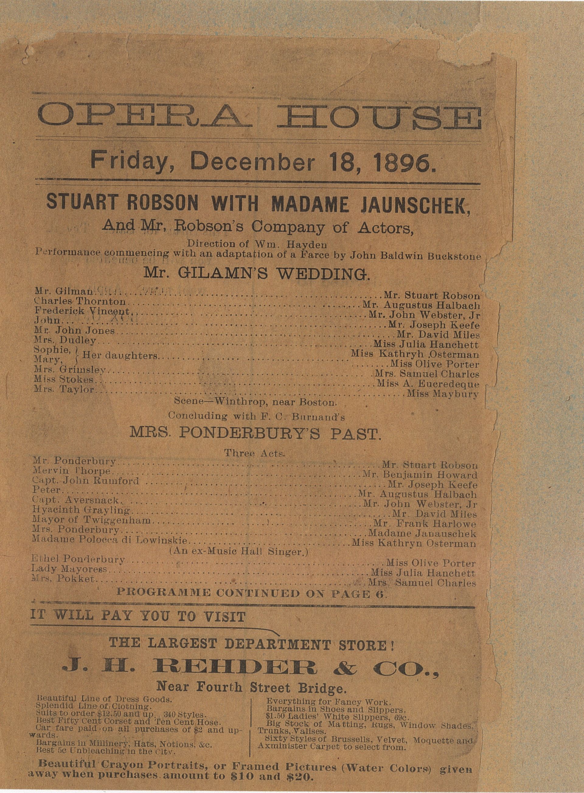 Vintage sepia opera house event poster with dense black text and decorative border