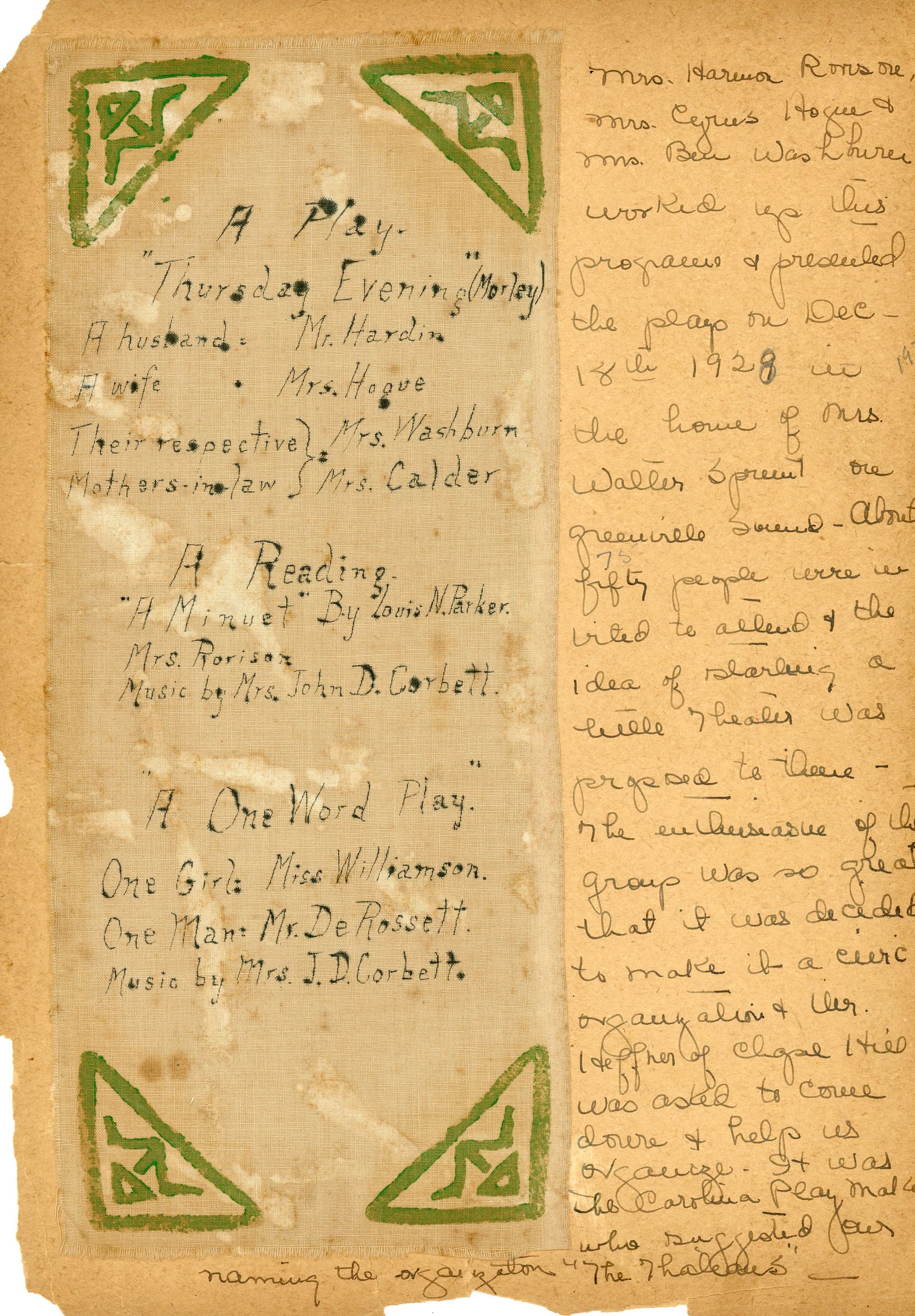 Aged handwritten manuscript page with green corner decorations and faded text in two columns