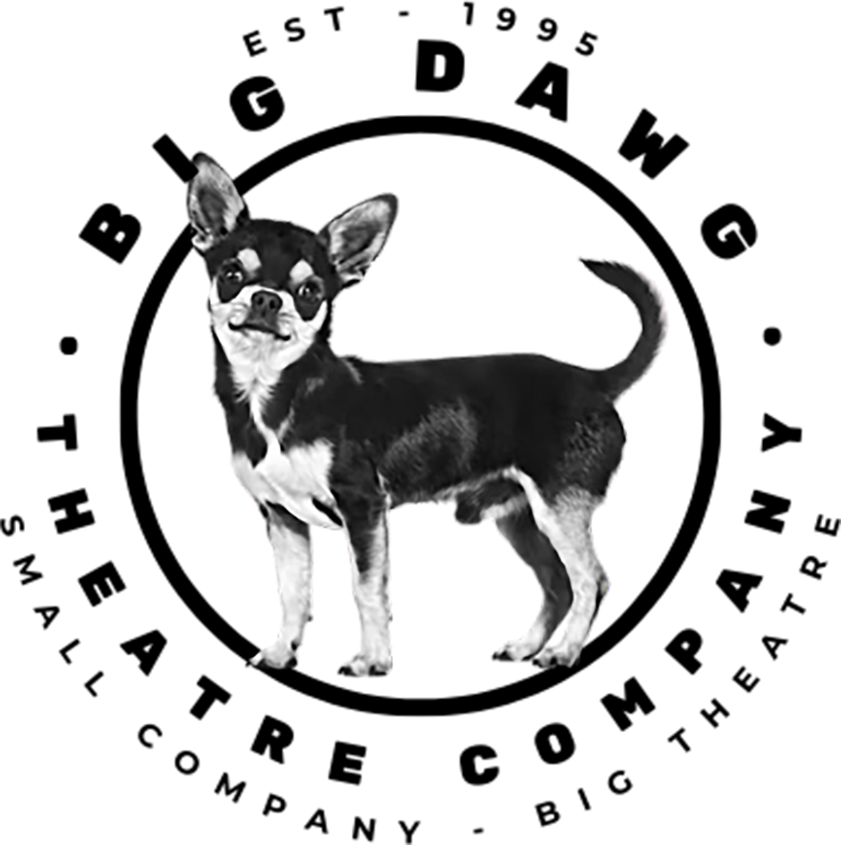 Big Dawg Theatre Company logo with a black-and-white dog inside a circular emblem.