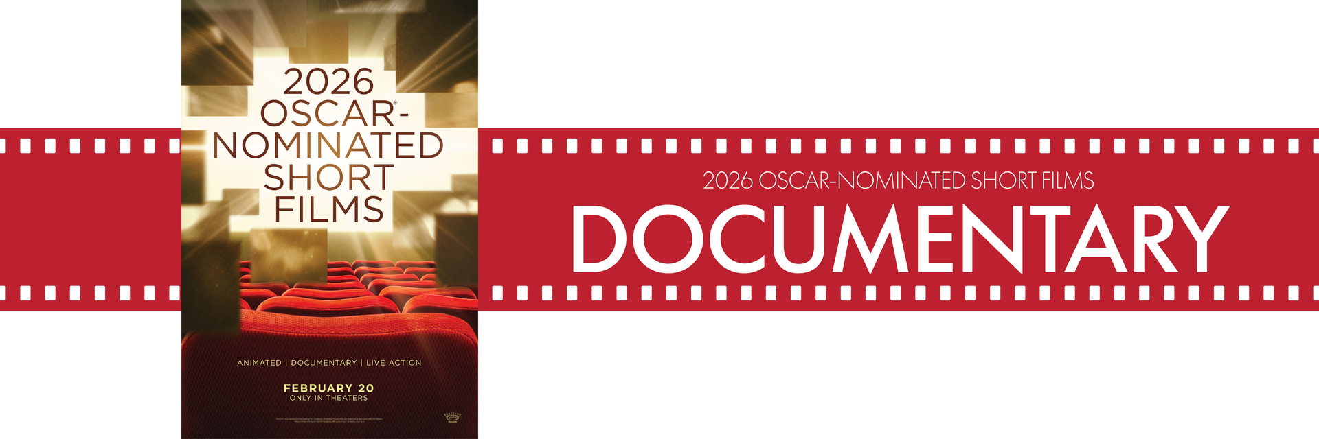 Film festival poster with red filmstrip banner reading “DOCUMENTARY” and a small award logo on the left