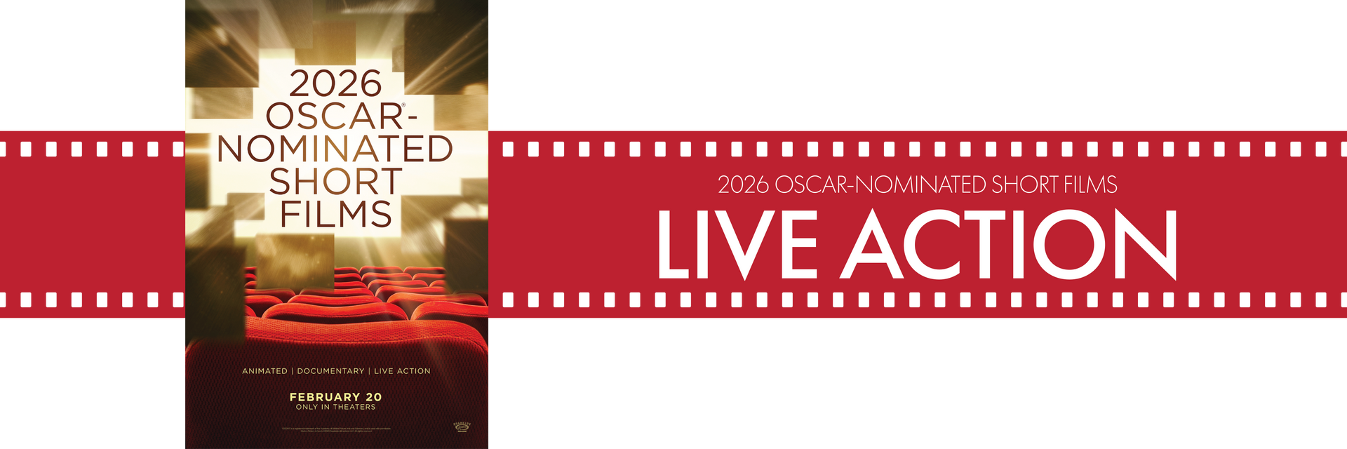Red filmstrip banner with a small movie poster and the words “LIVE ACTION” in white.