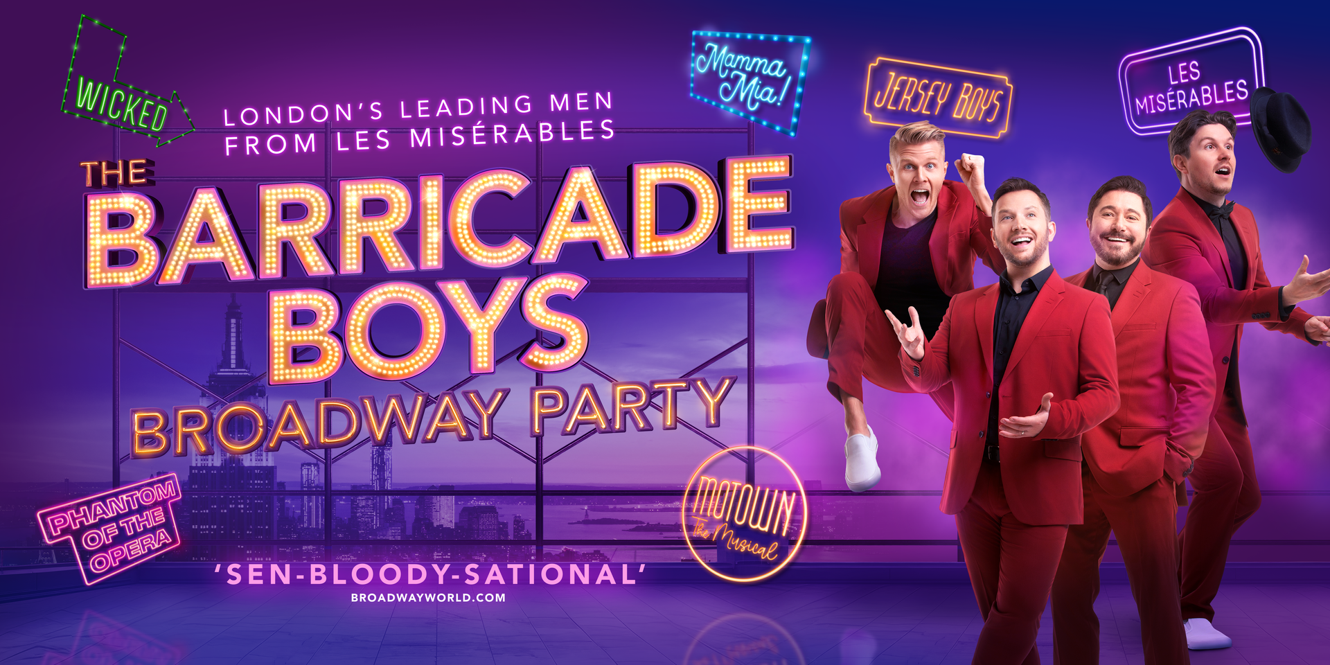 Four men in red blazers pose against a purple background with neon signs reading “Jersey Boys” and “Les Misérables.”