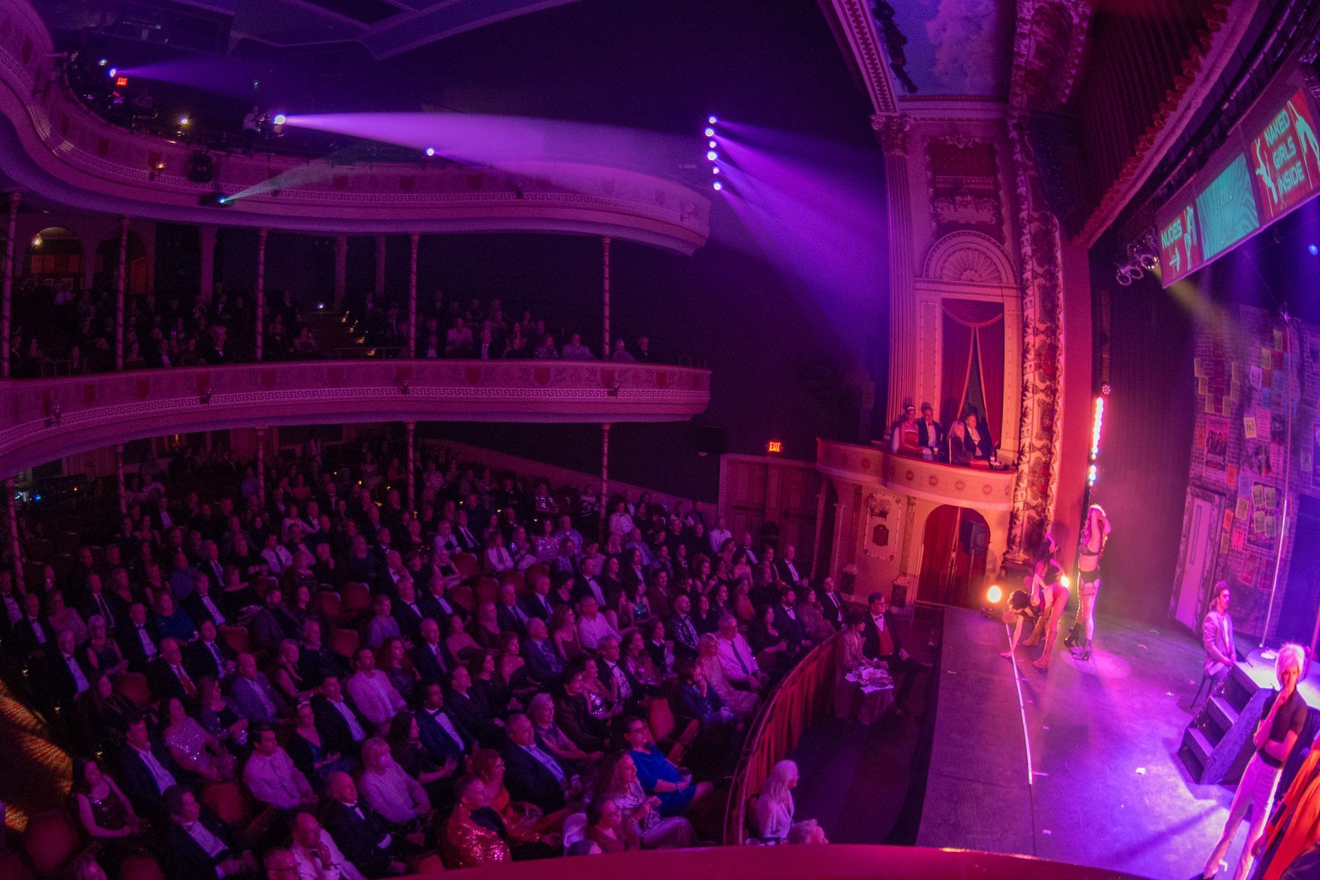 Packed theater audience under purple stage lighting, with performers near the brightly lit stage.