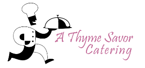 Logo for A Thyme Savor Catering with a cartoon chef holding a serving tray and pink script text