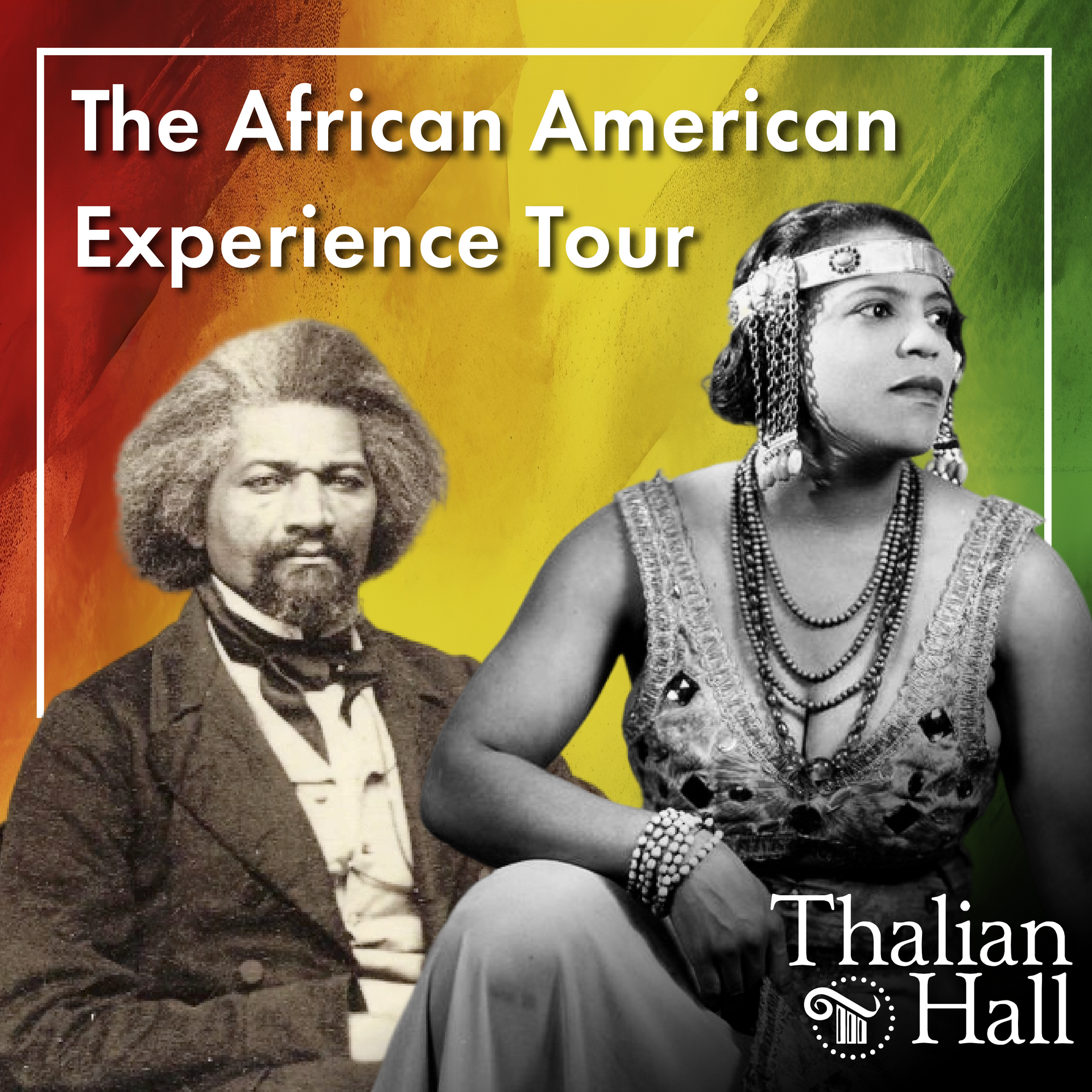 African American Experience Tour poster at Thalian Hall, with black-and-white speaker and red, yellow, green accents.