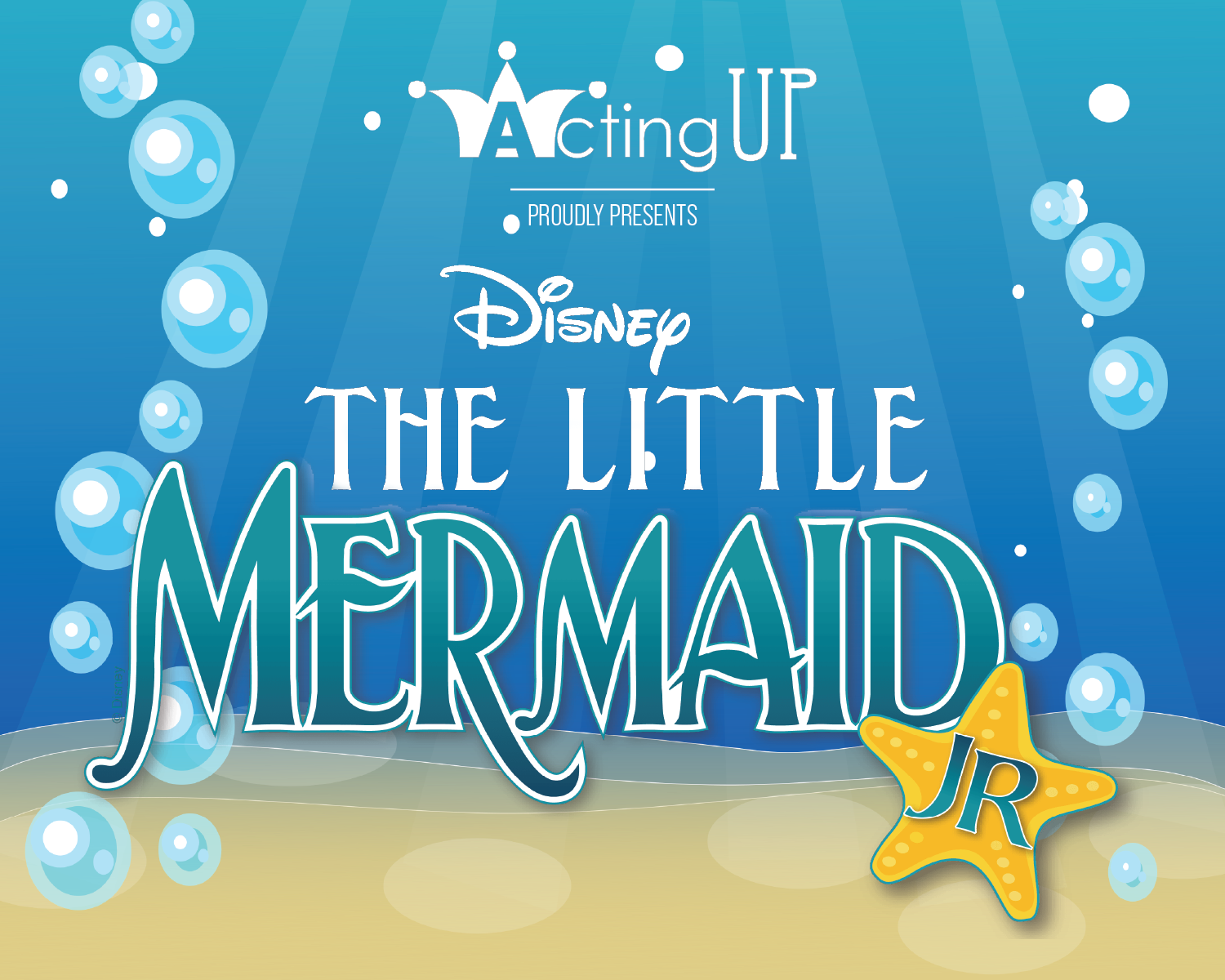 Disney The Little Mermaid title card on a blue underwater background with bubbles and a yellow starfish