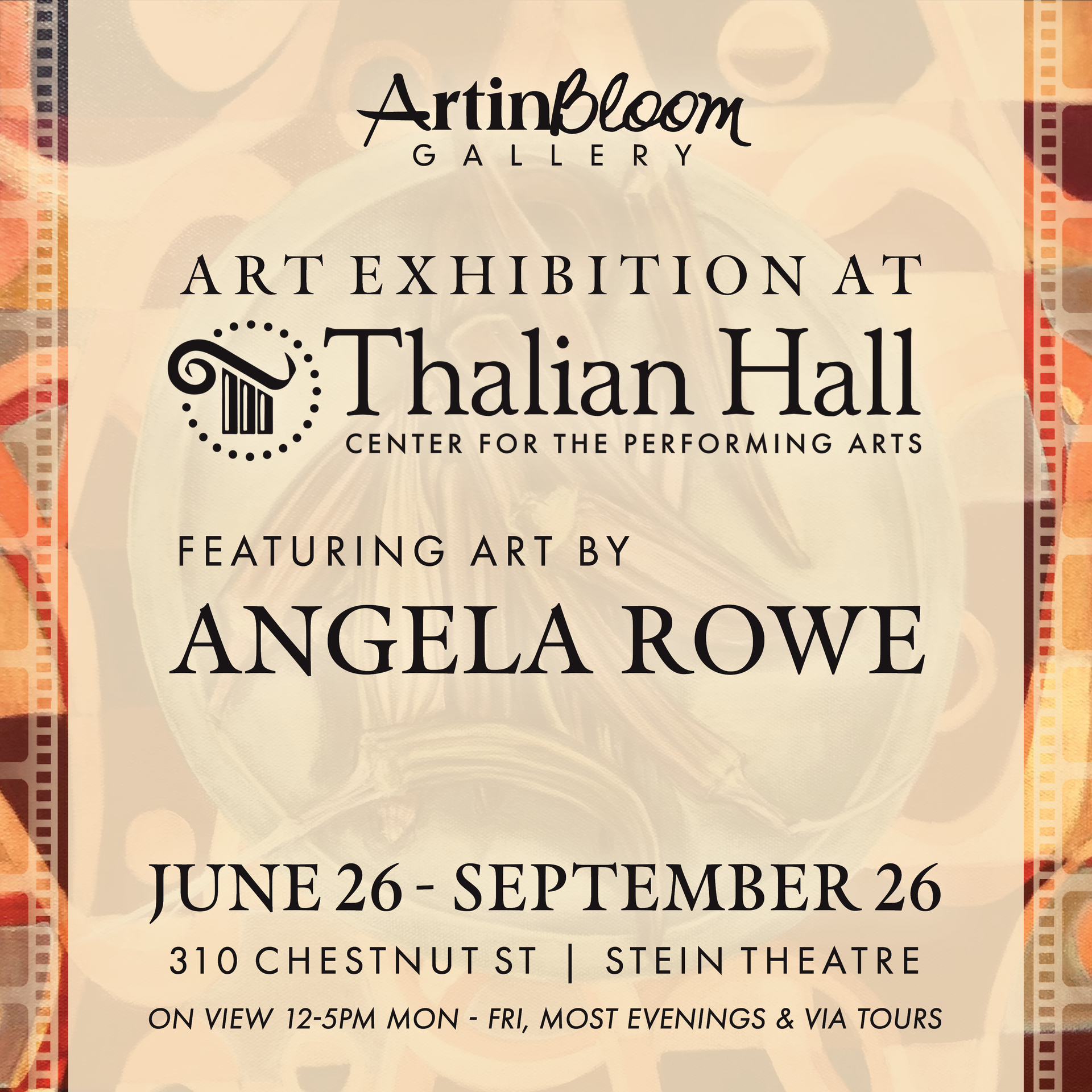 Art exhibition at Talian Hall featuring Angela Rowe, June 26–September 26, with peach floral background.