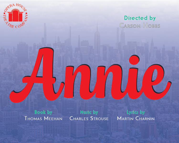Annie poster with large red title over a blue city skyline background