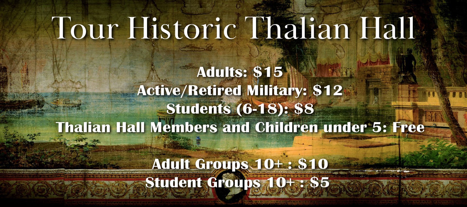 Historic Thalian Hall tour admission sign over a waterfront building at sunset with pricing details.
