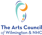Logo for The Arts Council of Wilmington & NHC, with blue and teal abstract figure and orange crescent